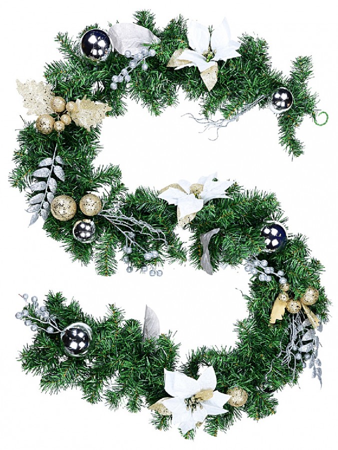 Decorated White Poinsettia, Mistletoe, Berries & Baubles Pine Garland - 2.3m