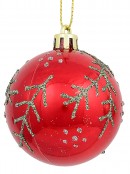 Red & Pearl Christmas Baubles With Glittered Leaves & Dots Pattern - 6 x 60mm