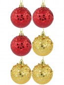 Red & Gold Crackle Effect Christmas Baubles With Sequins Design - 6 x 60mm