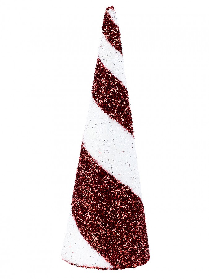 Red & White Metallic Tinsel Fleck 3D Conical Tabletop Christmas Tree - 44cm