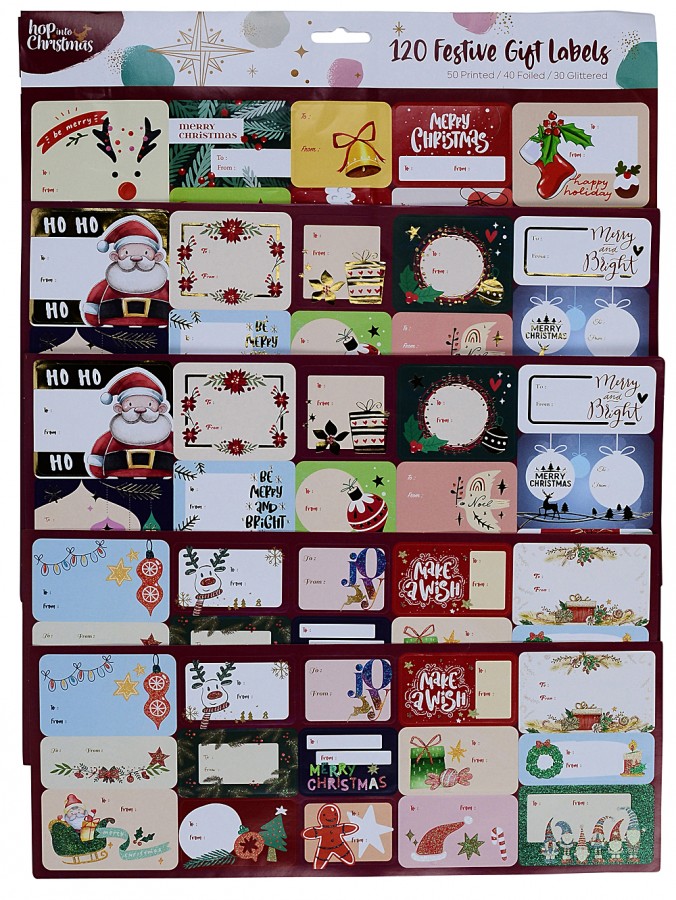 Various Print, Foil & Glitter Festive Christmas Present Gift Labels - 120 Pack