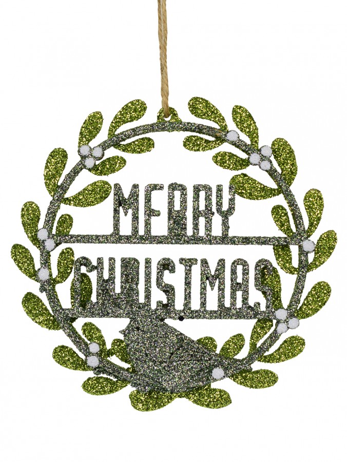 Green Glittered Wreath Hanging Decoration with Merry Christmas - 12cm