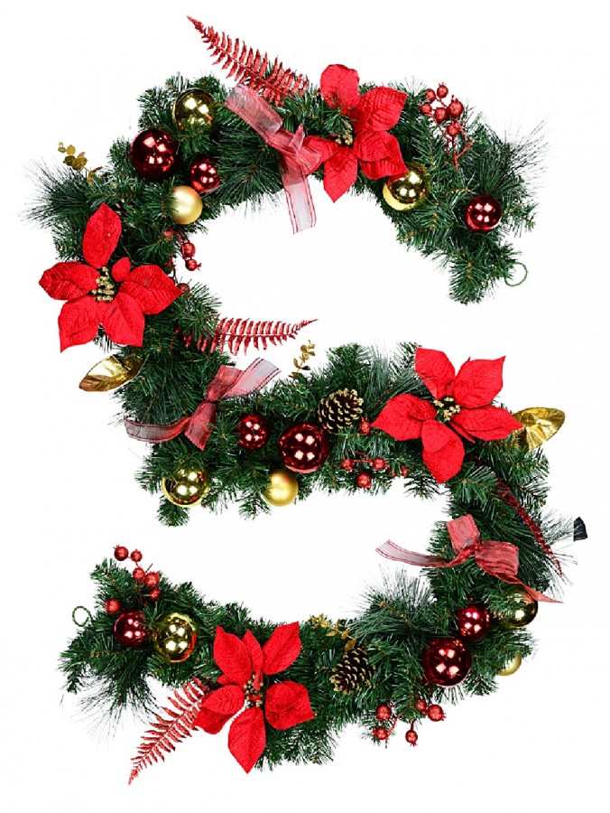 2.7m Decorated Red & Gold Poinsettias, Baubles, Bows & Foliage Pine Garland