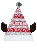 Grey, White & Red Knitted Sweater Look Santa Hat & Antlers - One Size Fits Most