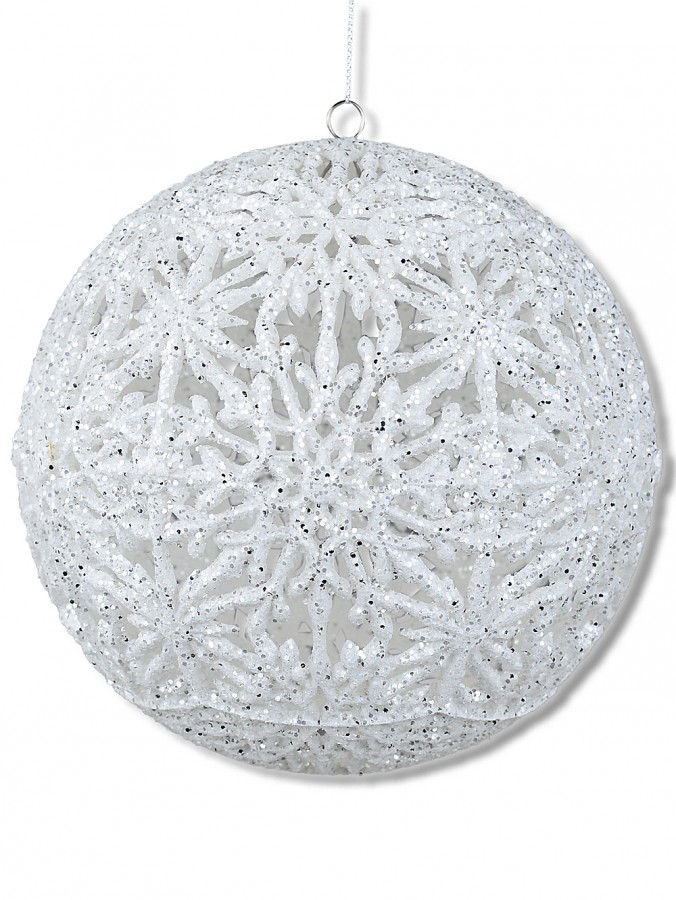 14cm White Hollow Snowflakes Christmas Ball Bauble With Silver Glitter