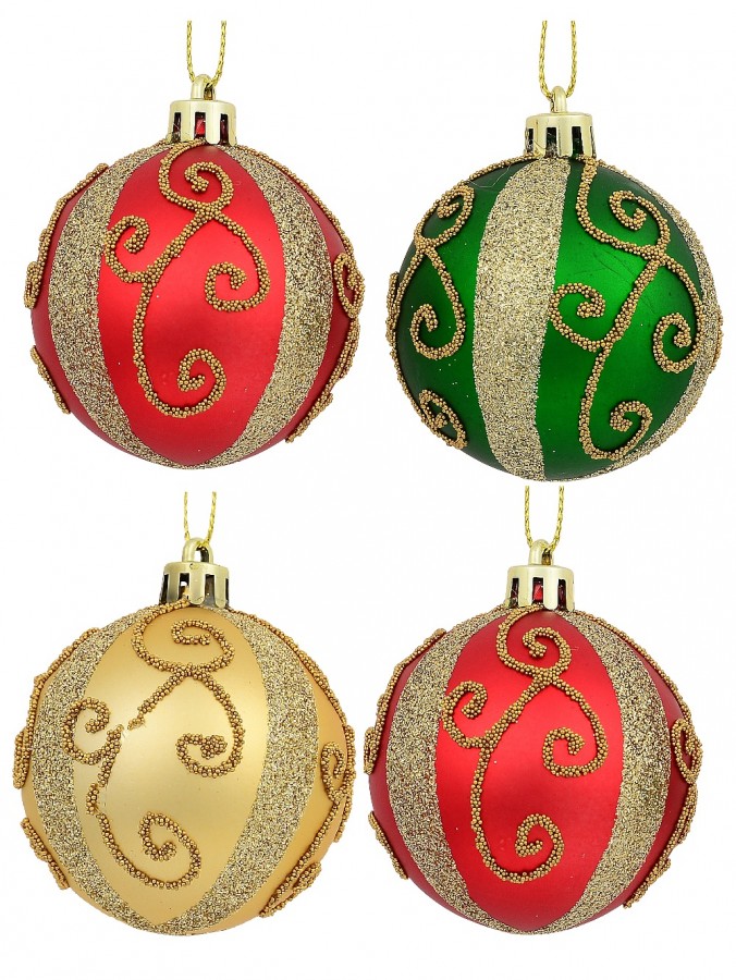 Red, Green & Gold Baubles With Gold Filigree Pattern & Thick Stripe - 6 x 60mm