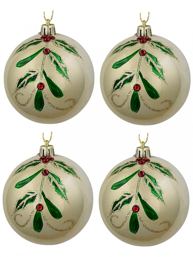 4x Champagne Pearl Holly & Berry Whimsical Signature Baubles | 80mm