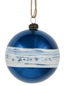 Blue Gloss Christmas Bauble Decorations With Cream Stripe Band - 4 x 80mm