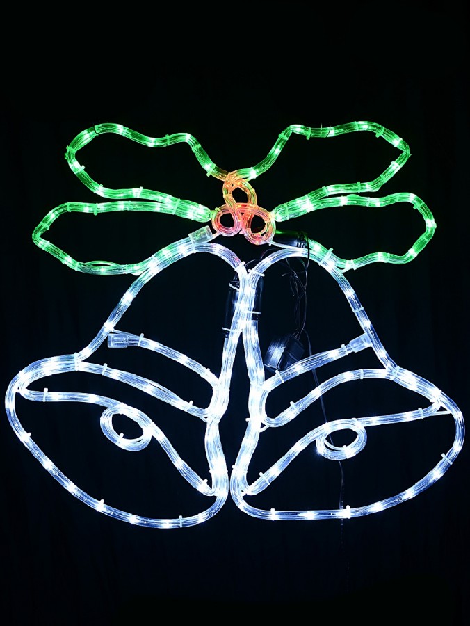 Cool White Christmas Bells With Green Holly Flashing Rope Light Display - 55cm