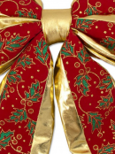 Large Shiny Gold & Holly Design Red Velvet Bow Display Decoration - 45cm