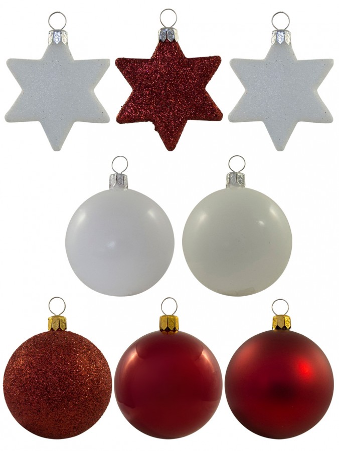 Assorted Red & White Baubles & Stars - 34 x 60mm Bauble & 16 x 65mm Star