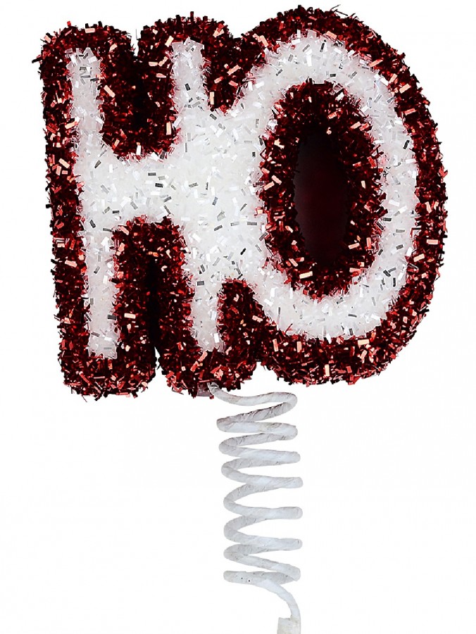 White & Red Tinsel Fleck ' HO ' Christmas Spring Wobble Long Stem - 11cm Wide