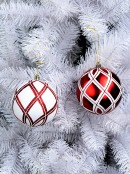 Red & White Christmas Baubles With Glitter Line Diamond Patterns - 2 x 10cm