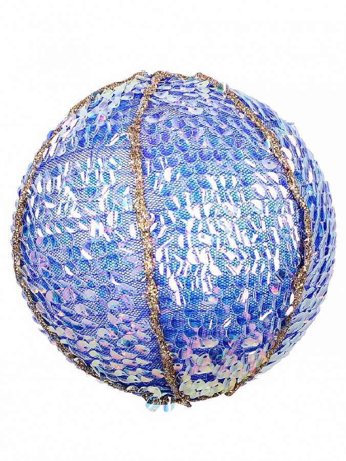 Blue Mesh Bauble Decorated With Iridescent Sequins & Gold Glitter Lines - 12cm