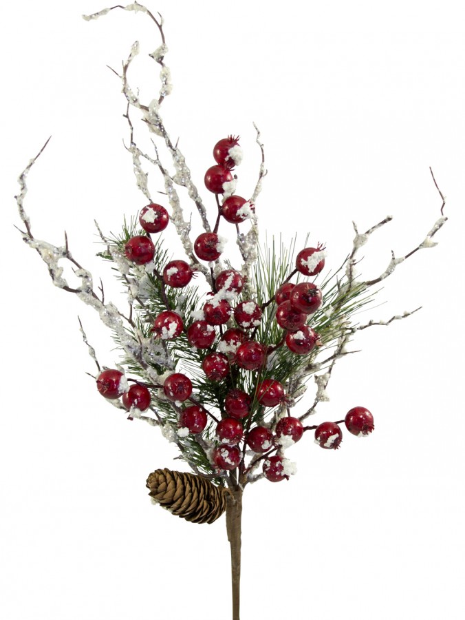 Snow Frosted Twig & Berry Decorative Pick - 58cm
