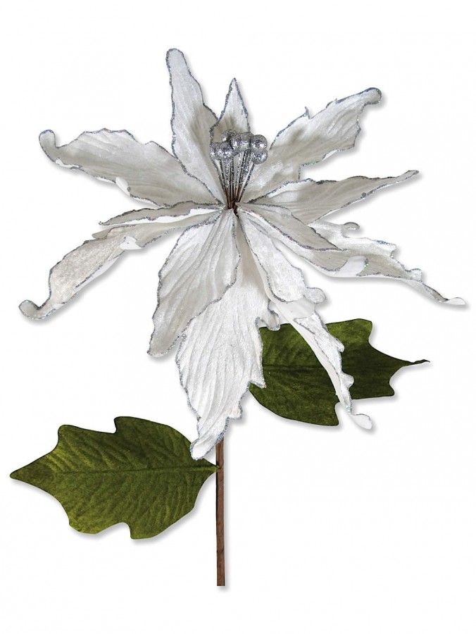 Large Silver & White Poinsettia Decorative Pick - 76cm