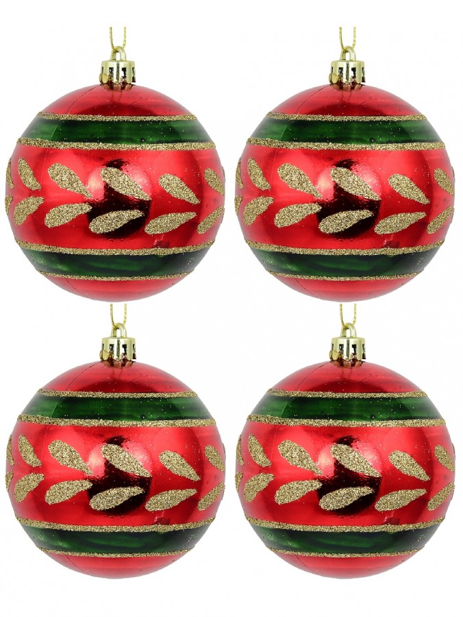 Metallic Red Christmas Baubles With Gold Glitter & Green Patterns - 4 x 80mm