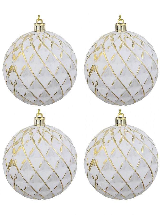 4x Snow White & Burnished Gold Quilted Whimsical Signature Baubles | 80mm
