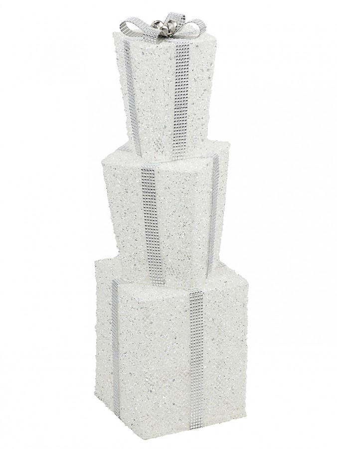70cm White & Silver Layered Tinsel Christmas Gift Boxes Display With Bells