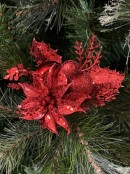 15cm Red Glitter Poinsettia Flower & Holly Leaf Christmas Tree Stem Pick