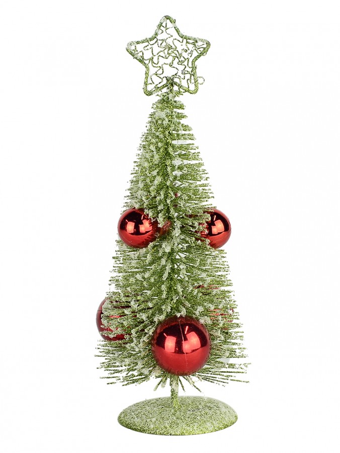Flocked Green Wire Tree With Red Baubles Table Top Ornament - 20cm