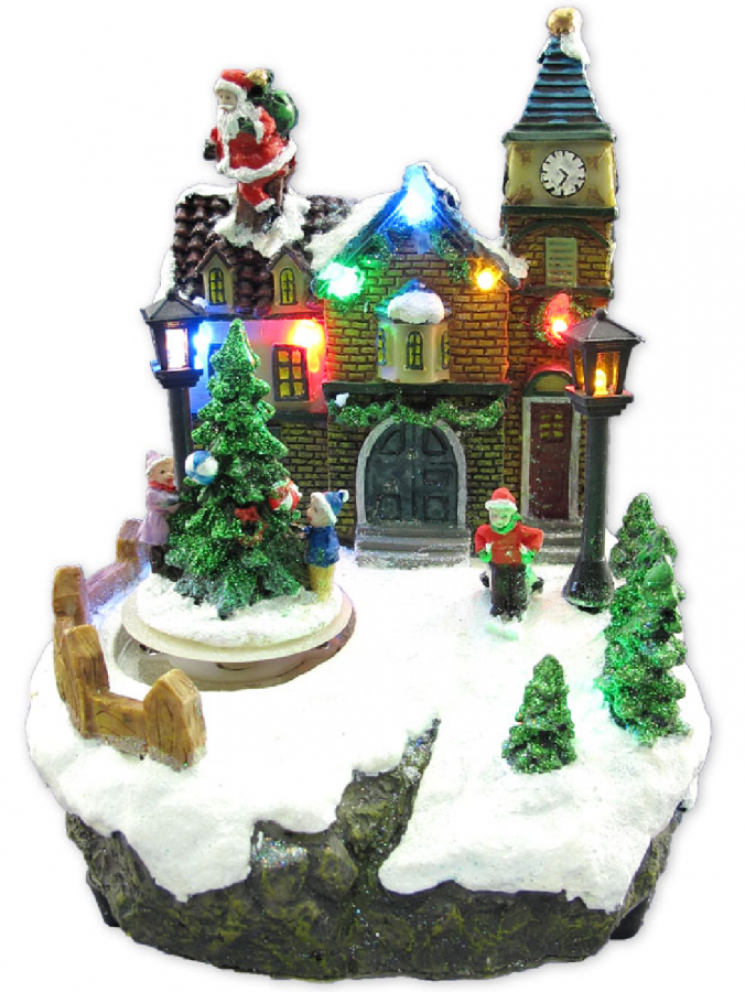 Resin House Scene With Animated Tree Illuminated Ornament - 19cm