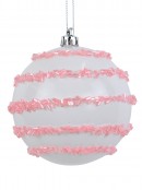 White Gloss Christmas Baubles With Pink Mini Tube Bead Stripes - 4 x 80mm