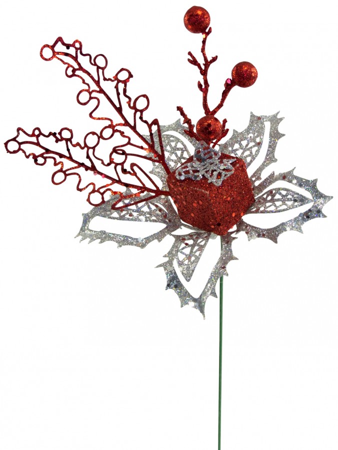 Silver & Red Poinsettia Decorative Pick With Gift Decoration - 15cm