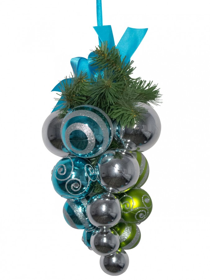 Lime, Silver & Turquoise Grape Cluster With Ribbon Bow - 27cm
