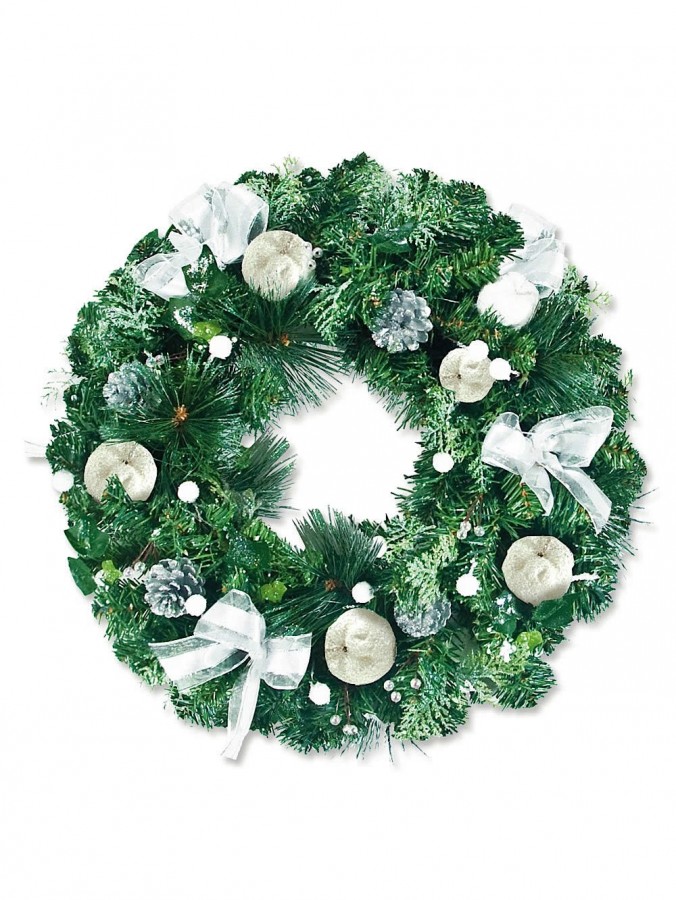Pre-Decorated Frosted Wreath With Pine Cones, Fruit Cedar & Bow - 44cm