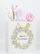 Large Eggshell White Gift Bag With Merry Christmas & Foliage Wreath Print
