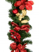 Decorated Red Bauble, Berry & Poinsettia & Gold Leaf Pine Garland - 1.8m