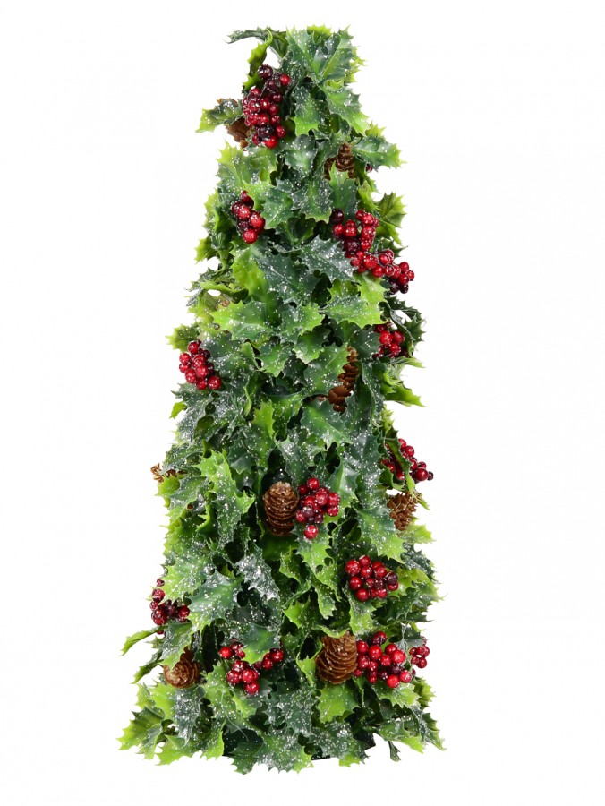 Conical Holly Leaf, Berry & Pine Cone Christmas Tree Table Top Ornament - 40cm