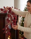 1.8m Red Velvet Holly Leaf Christmas Vine Garland | Silver Glitter & Snow Berries