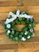 Decorated Blue, Silver & Mint Baubles, Silver Bow & Ferns Pine Wreath - 42cm