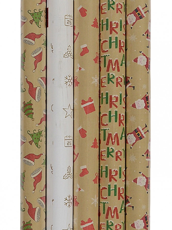 Assorted 3m x 70cm Christmas Santa, Tree & Motto Kraft Paper Gift Wrap
