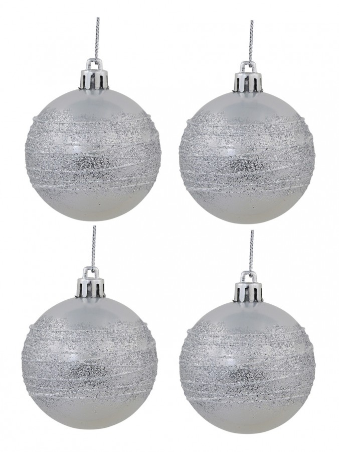Silver Pearl Baubles With Silver Glittered White Stripes - 12 x 60mm 
