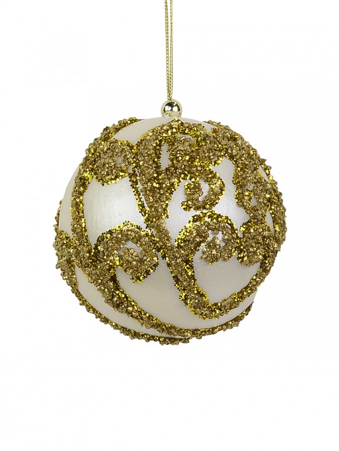 Ivory Bauble with Gold Glitter Encrusted Swirl - 8cm