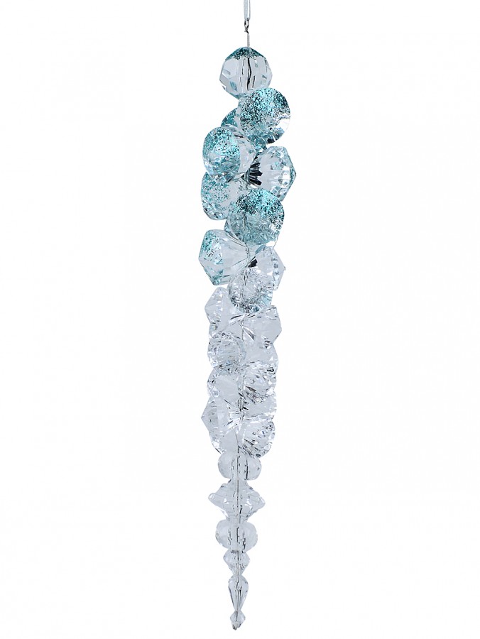 Diamond Simulant Cluster Icicle Decoration With Aqua Blue Glitter - 26cm