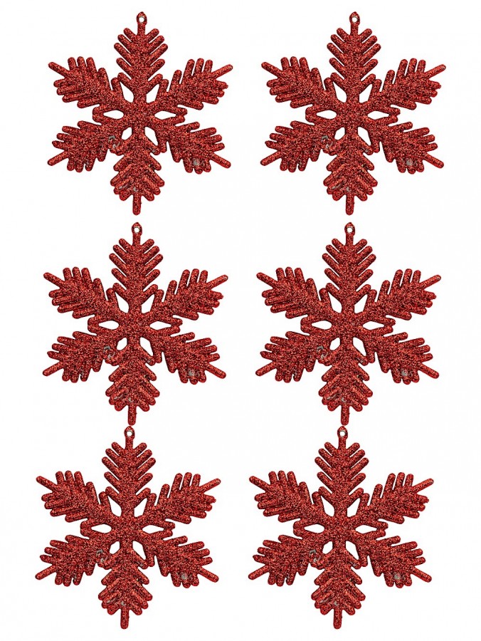 Red Snowflake Ornaments With Glitter - 6 x 10cm