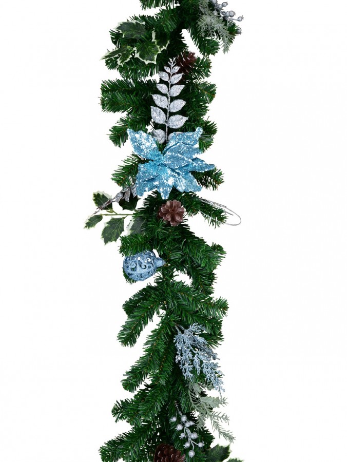 Decorated Blue Poinsettia, Pine Cone, Foliage & Baubles Pine Garland - 2.7m