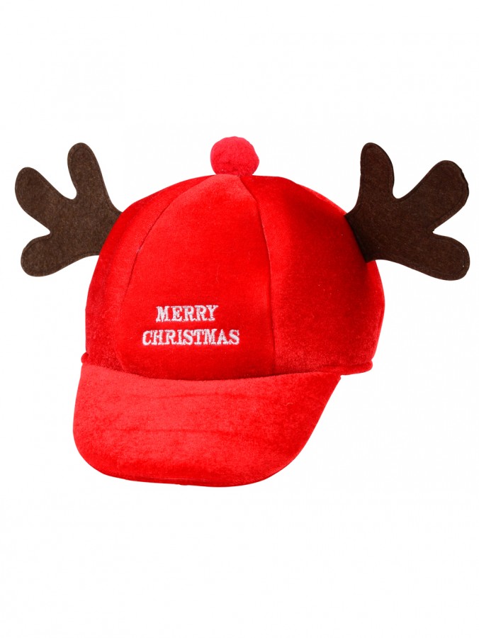 Red Velvet Merry Christmas Fun Reindeer Cap With Antlers - One Size Fits Most
