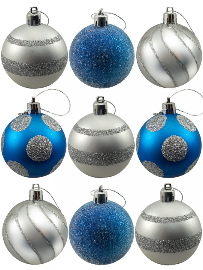 Silver & Blue Baubles With Assorted Patterns - 9 x 60mm