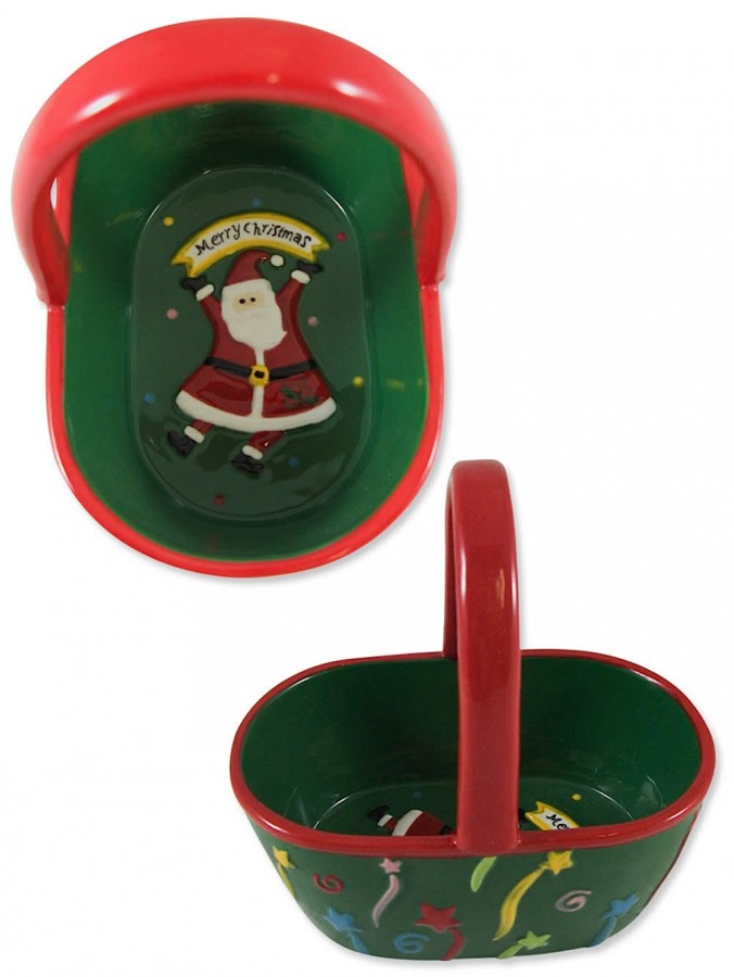 Green & Red Ceramic Christmas Basket With Santa Design - 14cm