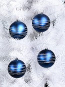 Matte Blue Baubles Decorated With Thin Silver Glitter Stripes - 4 x 80mm