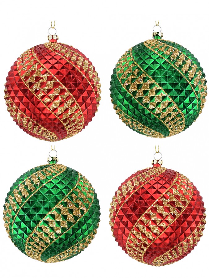 Red & Green Durian Christmas Baubles With Gold Glitter Swirl Pattern - 4 x 10cm