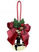 Shiny Gold Christmas Crotal Bell Bauble With Red Bow & Holly - 90mm