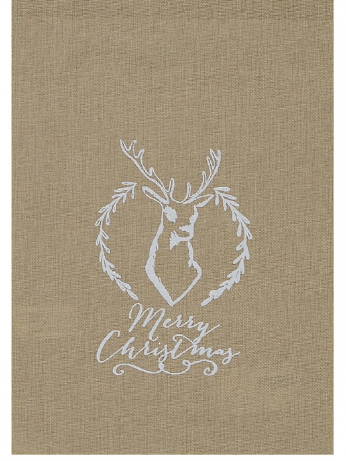 Poly Jute Christmas Table Runner With White Reindeer & Christmas Print - 1.68m