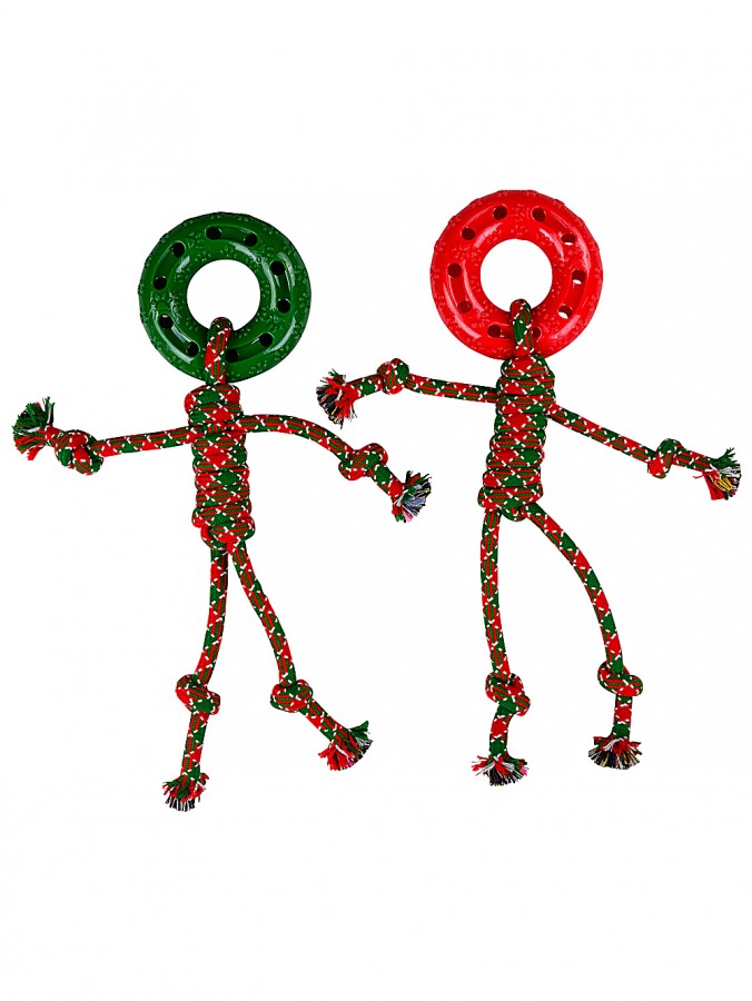 Assorted 38cm Red & Green Ring Head Rope Figure Dog Christmas Tug Toy