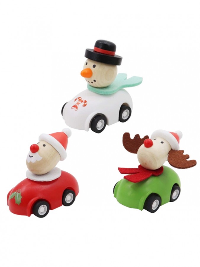 Assorted Wooden Santa, Snowman & Reindeer Christmas Pull Back Cars